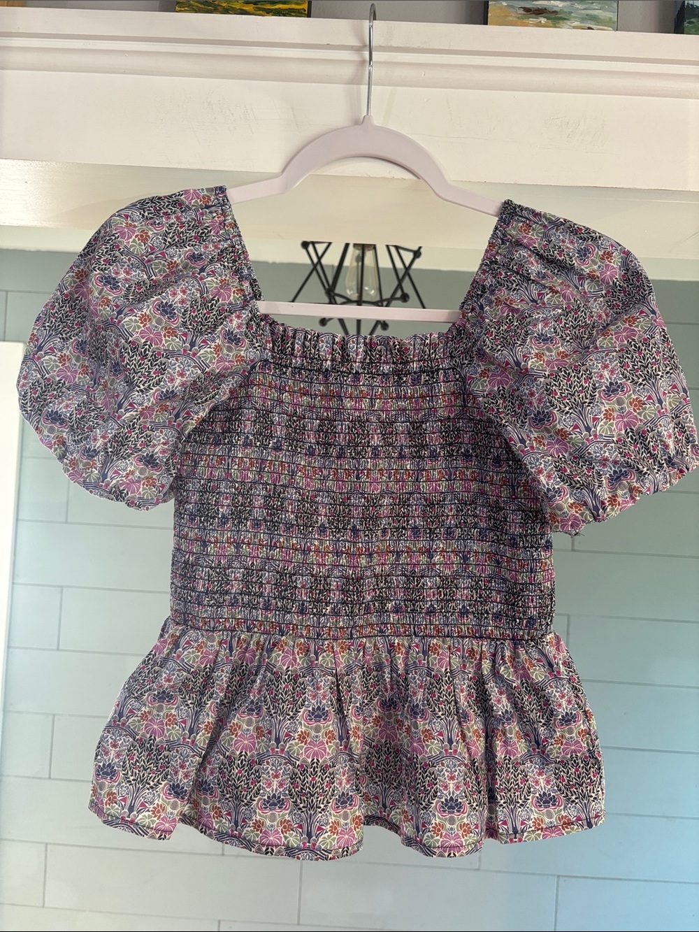 J. Crew Liberty Floral Smocked Top in Purple, Pink and Blue